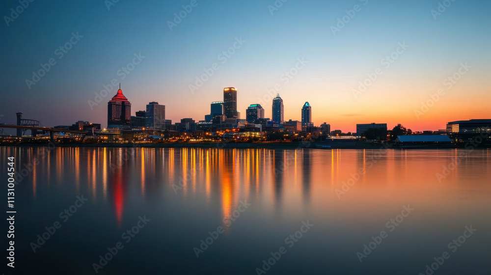 Fototapeta premium stunning skyline at dusk with vibrant city lights reflecting on water