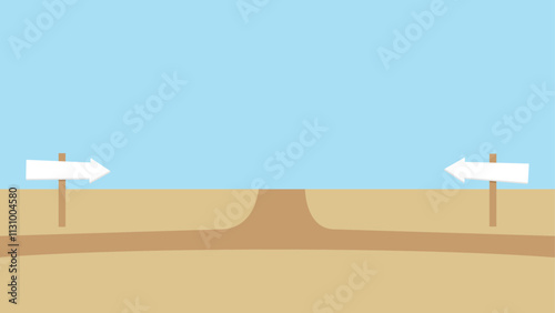 Illustration of two separate paths merging into a single road, marked with directional signposts, under a blue sky
