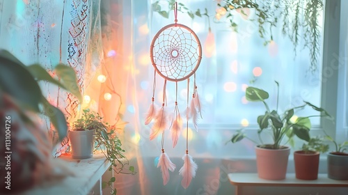A whimsical photo of a custom-made dreamcatcher hanging in a bohemian-style bedroom, with soft lighting and pastel colors 