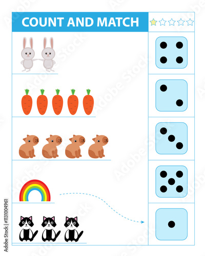 Count and match objects. Numbers 1-5. Printable worksheet for kids.