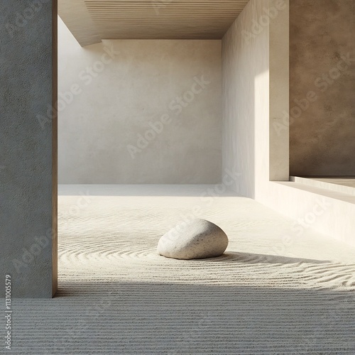 Zen-inspired minimalist interior with natural stone pebble on striped wooden floor