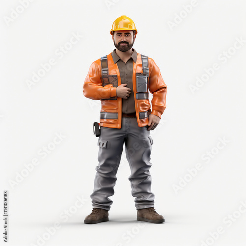 The construction worker is wearing a safety vest, helmet. Man miniature 3d toy cartoon style isolated on a white background.