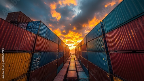 Stacks of cargo shipping containers symbolizing cross-docking and the efficient movement of goods photo