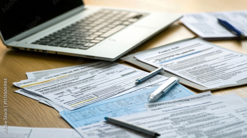 Obraz premium Tax preparation tools including forms, a laptop, and a notepad, arranged on a desk