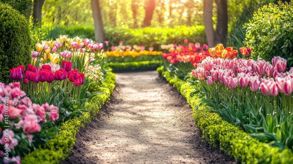 Obraz premium Vibrant Garden Pathway with Blooming Roses and Tulips in Soft Sunlight for Seasonal Design
