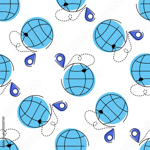Vector seamless pattern featuring blue globes with location pins and dotted delivery paths. Perfect for supply chain, logistics, global shipping, and delivery-themed designs.