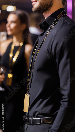 Elegant Evening Event with VIP Attendees in Black Attire and Gold Embossed Lanyards photo