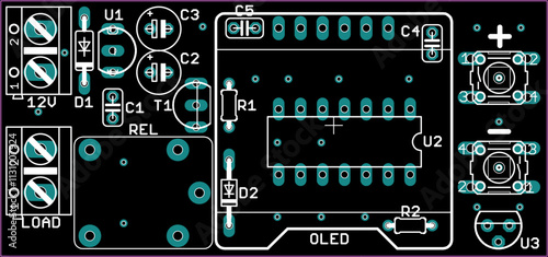 Placement of components of radio elements (contact
pads and seats) on printed circuit
board of electronic device.
Vector engineering 
drawing of pcb. Electric background. 
Computer technic cad design.