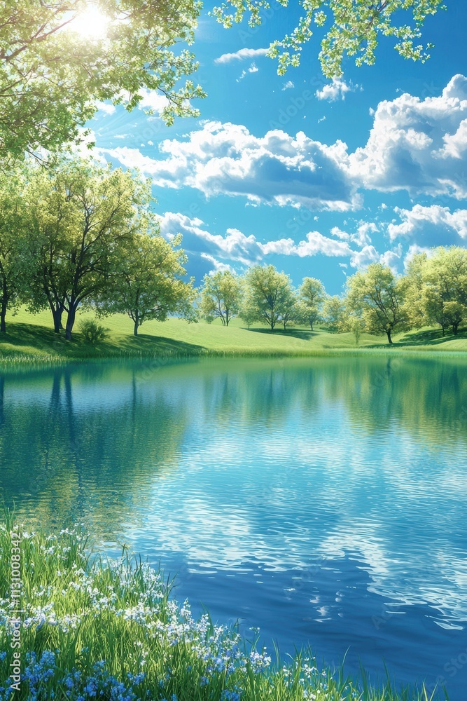 Fototapeta premium Serene Spring Lakeside Scenery with Reflection for Natural Background Design