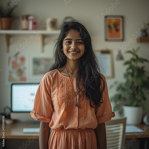 Cheerful Indian girl standing at home office looking at camera
 photo
