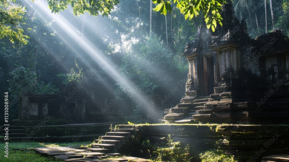 Obraz premium Temple hidden within a dense forest, with sunlight filtering through the leaves