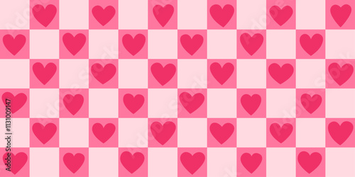 Seamless pink heart pattern on a soft checkered background, perfect for Valentine's Day, weddings, or romantic designs. Wrapping paper in y2k millennial style. 2000s retro love chessboard backdrop.