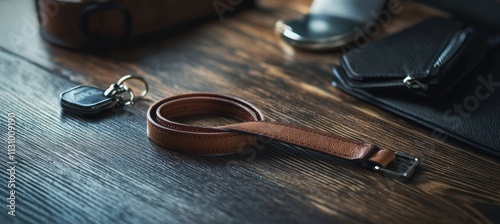 Premium Leather Lanyard with Luxury Accessories on Dark Wood Surface for Corporate Styling photo