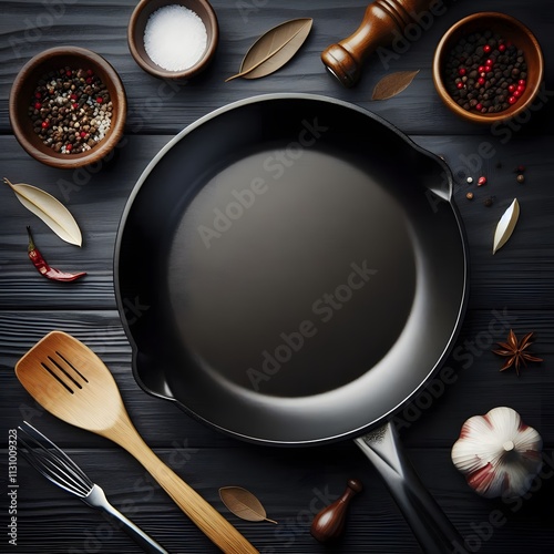 black frying pan on black wooden background photo