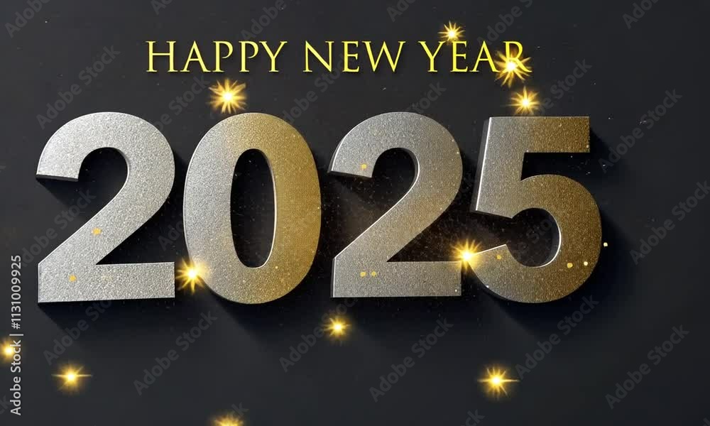 Texte  en anglais « Happy New Year » apparait et chiffres « 2025 », se couvre de paillettes dorées scintillantes, sur fond sombre. animation pour célébrer le réveillon du nouvel an