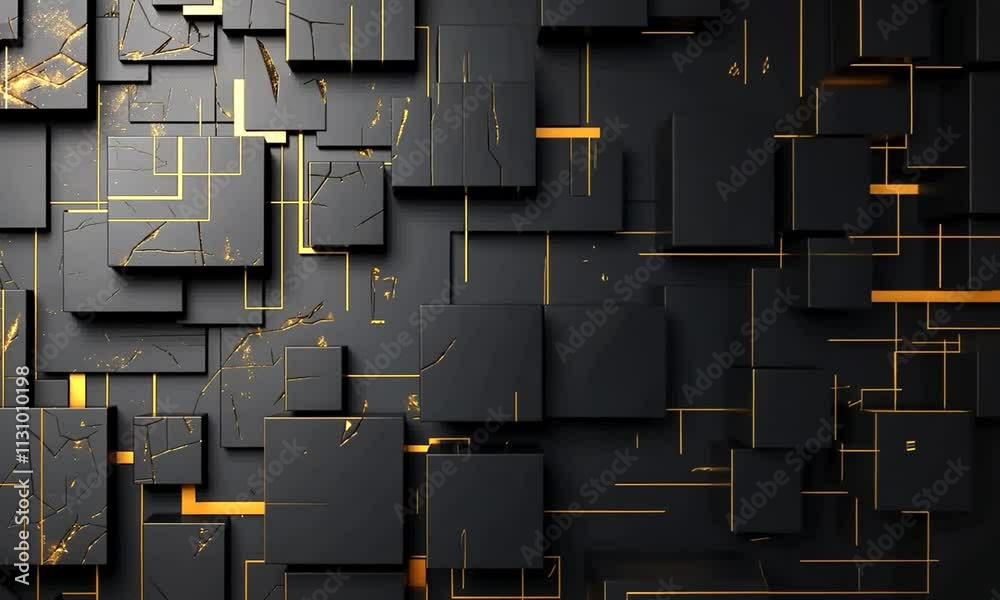 Réseau de blocs noirs reliés par des liaisons dorées en expansion, design abstrait et géométrique évoquant une connectivité de luxe, structure modulaire contemporaine, visuel premium