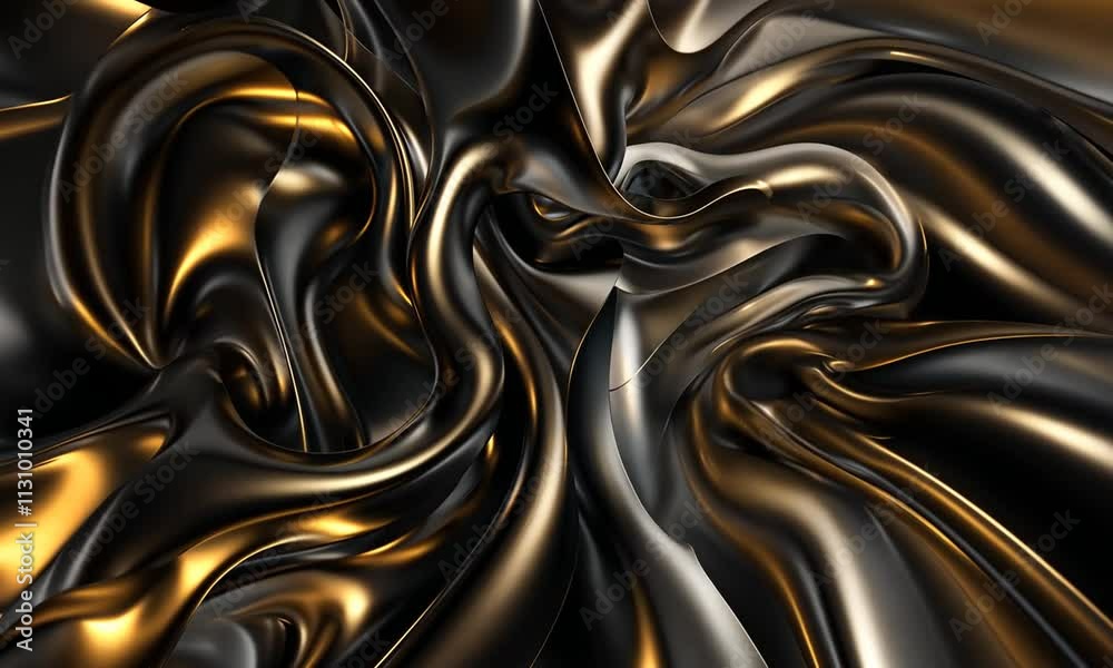 Mouvements fluides de textures métalliques noires et dorées entremêlées, composition abstraite brillante en noir et or, effet liquide tourbillonnant et reflets métalliques dynamiques