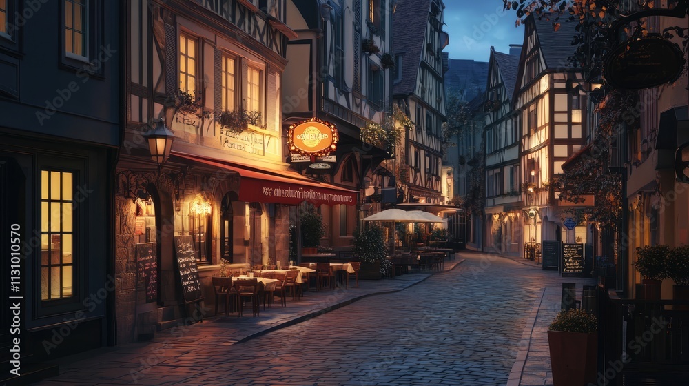 Fototapeta premium Quaint European Street Scene at Night: Old Buildings with Restaurant Facades and Warm Street Lighting