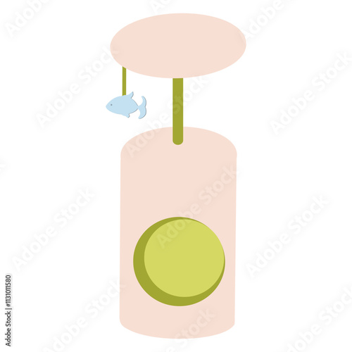 Pastel cat scratching post with a fish toy isolated on white background vector illustration
