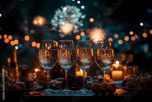 A festive New Year party scene with fireworks lighting up the night sky and people raising glasses
