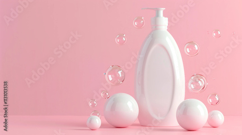 A white shampoo bottle with bubbles and a soft, clean pink background designed to highlight beauty, wellness, and skincare essentials for a refreshing and moisturizing haircare experience.