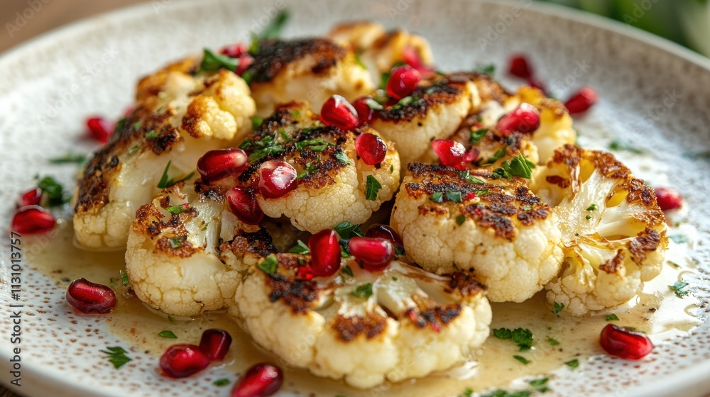 Fototapeta premium Warm Grilled Cauliflower Steaks Tahini Sauce & Pomegranate Bliss