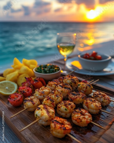 Grilling Exotic Prawns at Sunset A Tropical Cuisine Experience by the Sea