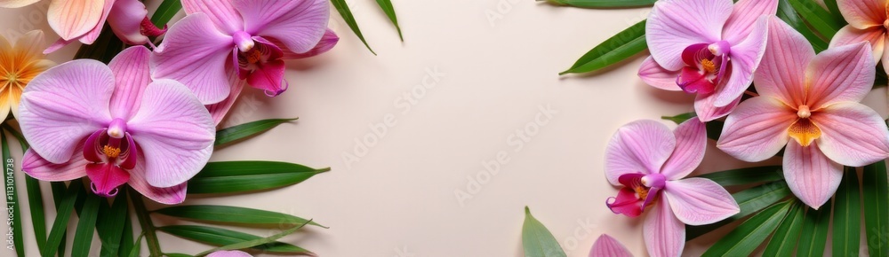 Obraz premium Tropical orchids, monstera, and palm leaves arranged in flat lay