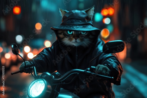 A cat with a gangster look wearing a hat and hoodie is speeding down the street at night on a motorcycle