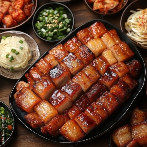 Savoring Korean-Style Grilled Pork Belly Traditional Side Dishes Korea Culinary Experience Indoor Dining Cultural Delight photo