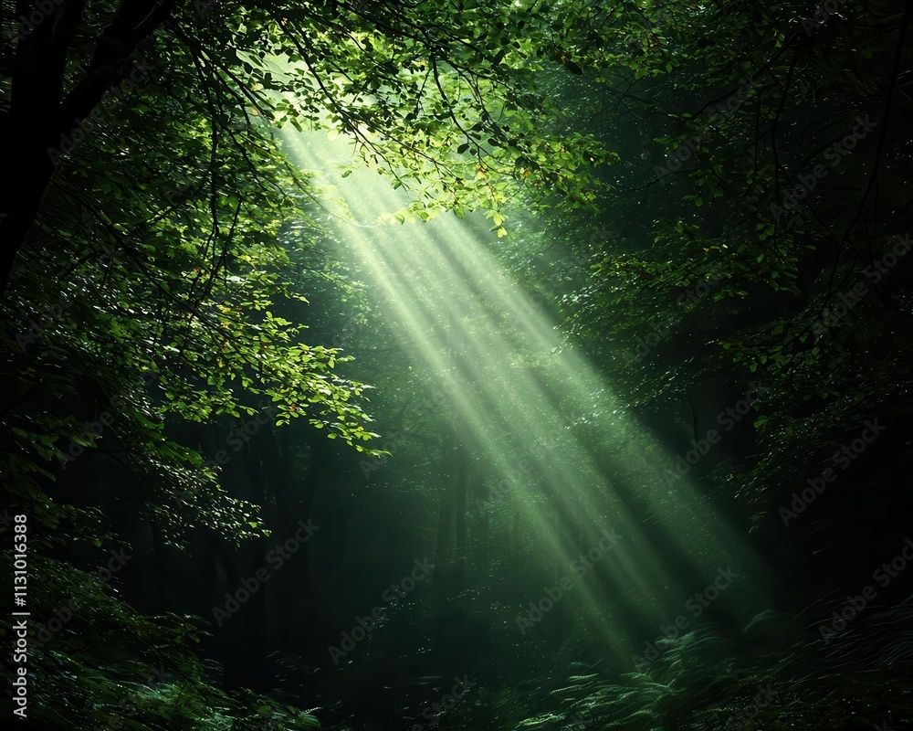 Fototapeta premium Sunbeams breaking through forest canopy, wildlife roaming in a quiet natural setting