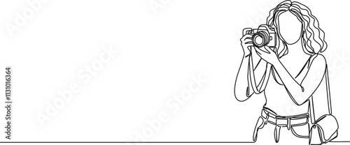continuous line drawing of female amateur photographer taking pictures with DSLR, line art vector illustration