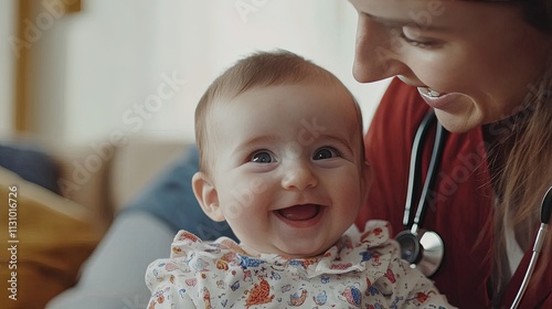 Pediatrician smiles at happy infant during health check in a clinic, focusing on assessing baby\'s breathing and heartbeat photo