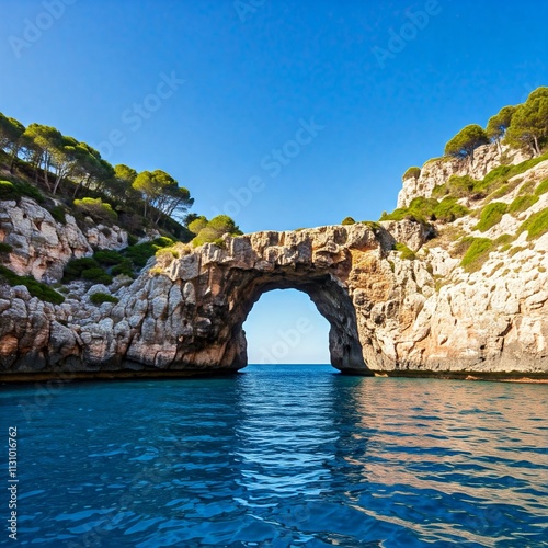 Frontal picture of a Mediterranean coast with some small cliffs and a natural rock bridge between both sides creating a small bay