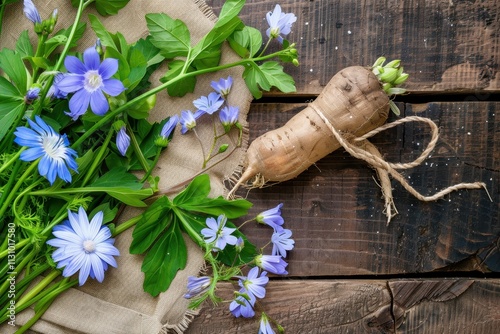 Top view of chicory root leaves and flowers on wooden table