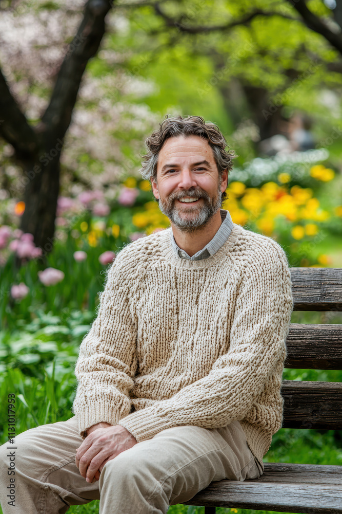 Fototapeta premium Middle-Aged Man Enjoying Springtime on a Bench Among Blooming Flowers