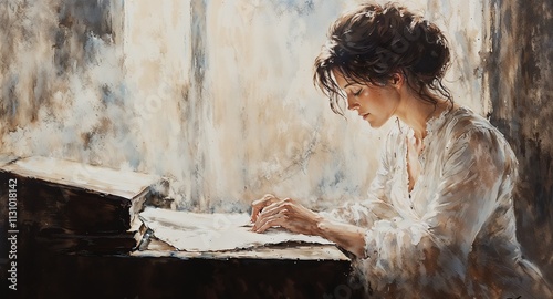 Girl working thoughtfully on a manuscript beside a large book in a soft light environment