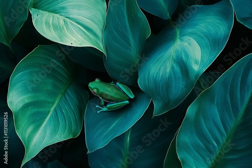 A high-angle shot of a green white-lipped tree frog (Nyctimystes infrafrenatus) on a leaf in Indonesia. photo