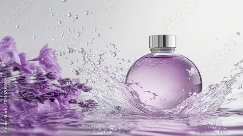 Lavender essence bottle creating splashes in water with flowers around it in a serene setting during daylight. Generative AI