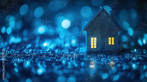 Bright house model standing on digital surface illuminated by blue lights during nighttime ambiance. Generative AI