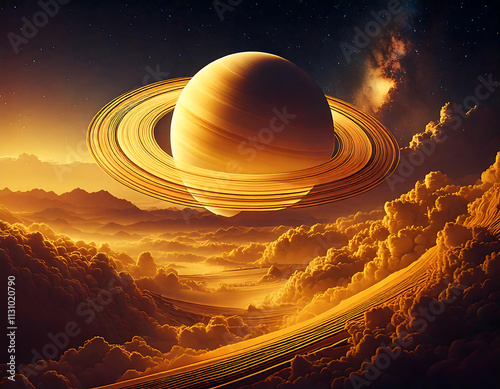 Sci-Fi Inspired Landscape with a Massive Ringed Planet and Luminous Clouds photo