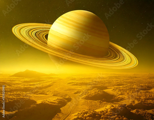 Enigmatic Planet with Glowing Rings Hovering Over an Otherworldly Terrain photo