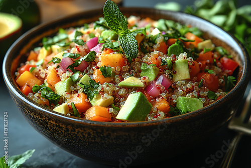 A colorful salad bowl with fresh vegetables, quinoa, and avocado on a rustic wooden table