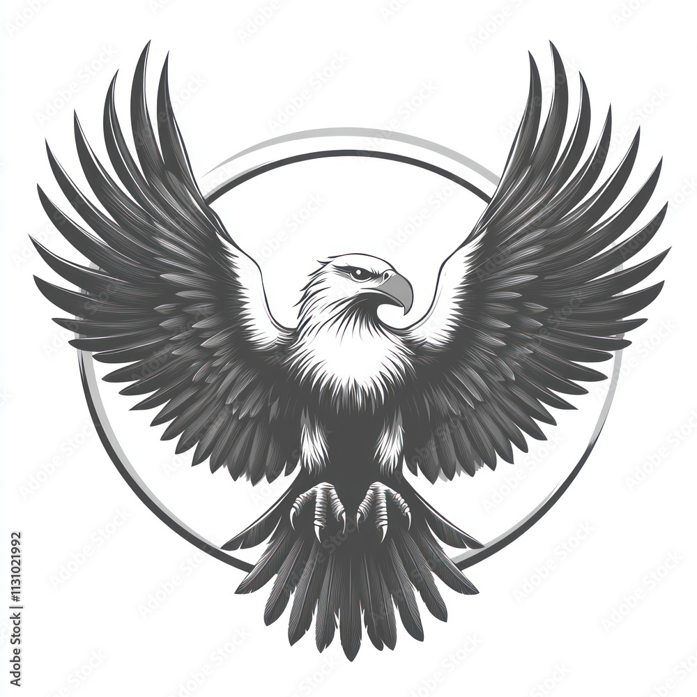 Fototapeta premium Powerful eagle in flight, with outstretched wings, centered in a circular design.