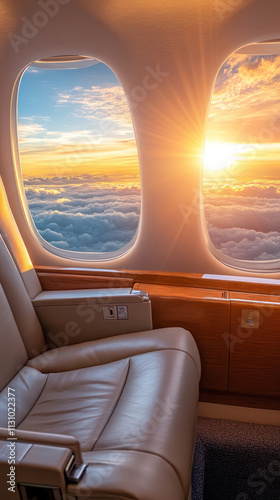 Luxurious private jet interior with leather seats and large windows overlooking a scenic sunrise above the clouds. Aviation and exclusive travel concept