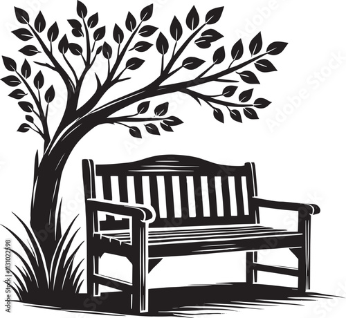 Wooden bench beside a beautiful tree branch silhouette vector illustration isolated on a white background