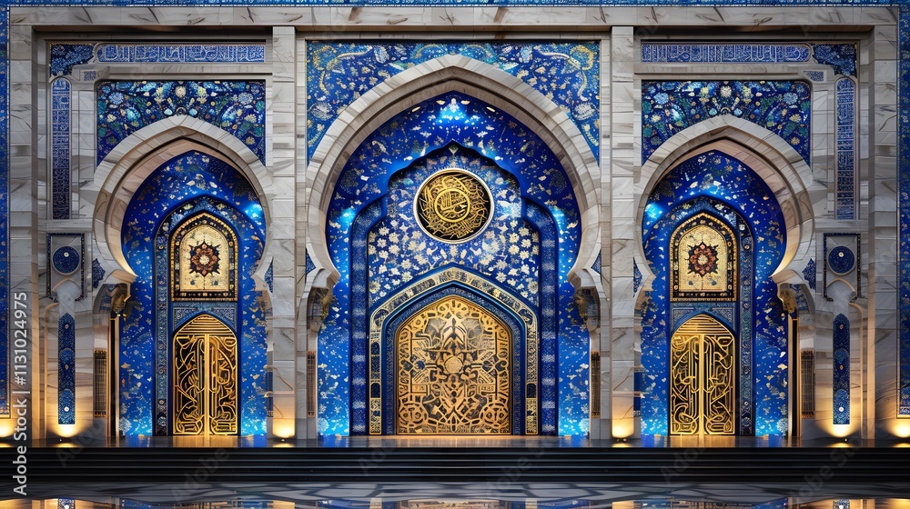 Fototapeta premium Ornate blue and gold Islamic architecture entrance.