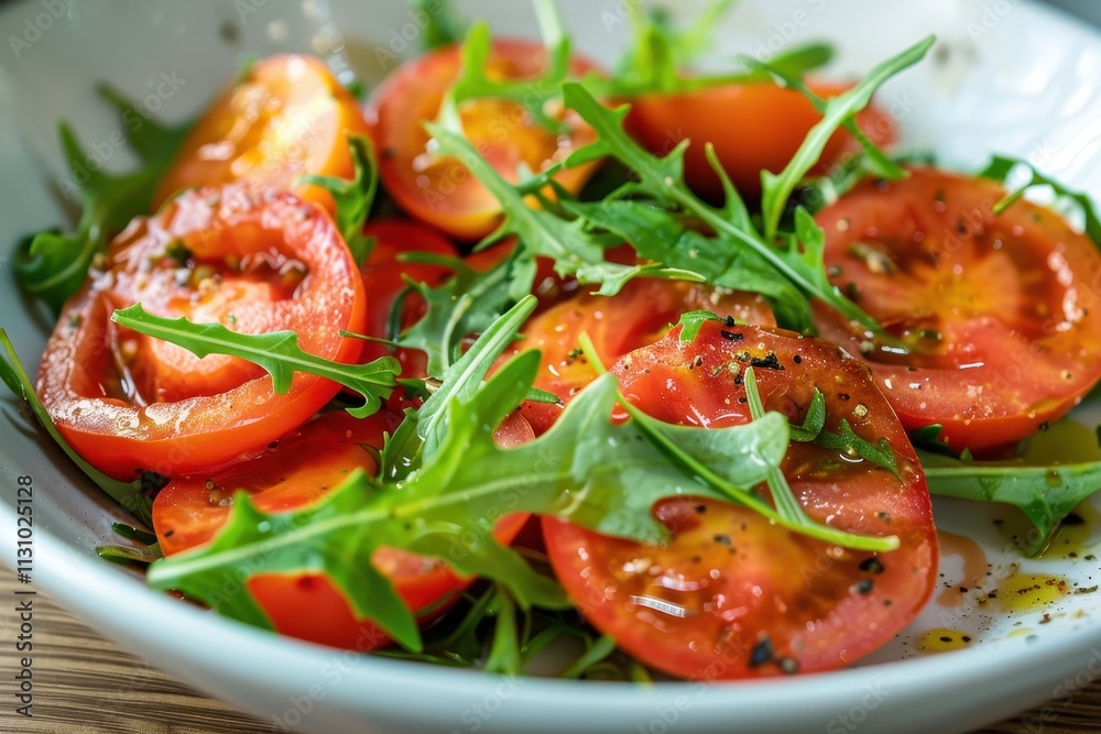 Top view of tomato and arugula salad Top view of tomato and arugula salad