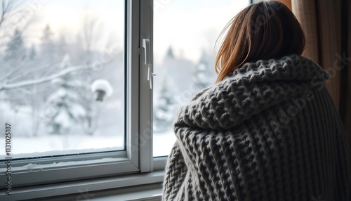 Winter Solitude Woman Wrapped in Blanket Gazing Out Snowy Window
