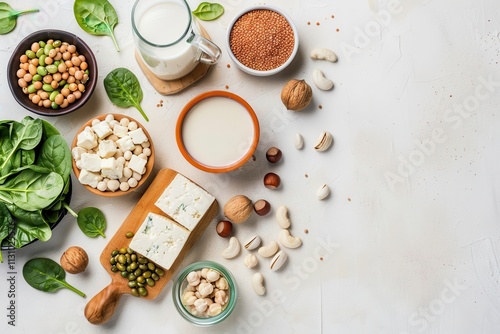 Wallpaper Mural Top view of vegan protein sources on white table Tofu beans lentils nuts spinach seeds soy milk Torontodigital.ca
